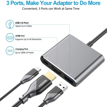 zikvik USB Type C to HDMI Hub 3 in 1 Adapter in Metal, Multi Port Dongle Type-C to USB 3.0, 4K HDMI, PD Charging Type C Port for MacBook, Chromebook, DELL,HP & Other Type C Phones & Devices