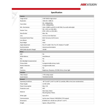 HIKVISION 2 MP White Night Colour Vu IR Full HD Dome Night Vision Camera- 1080P
