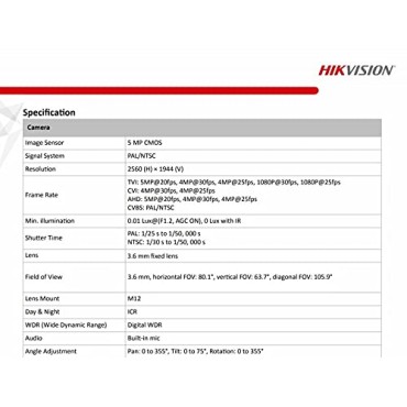 Hikvision 5 MP Outdoor Bullet CCTV Camera with inbuilt Audio Mic IP67 DS-2CE16H0T-ITPFS, White
