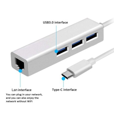 ZIKVIK Type -C 3.0 to 3 Port USB Hub + RJ45 Adapter 