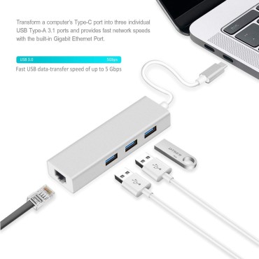 ZIKVIK Type -C 3.0 to 3 Port USB Hub + RJ45 Adapter 
